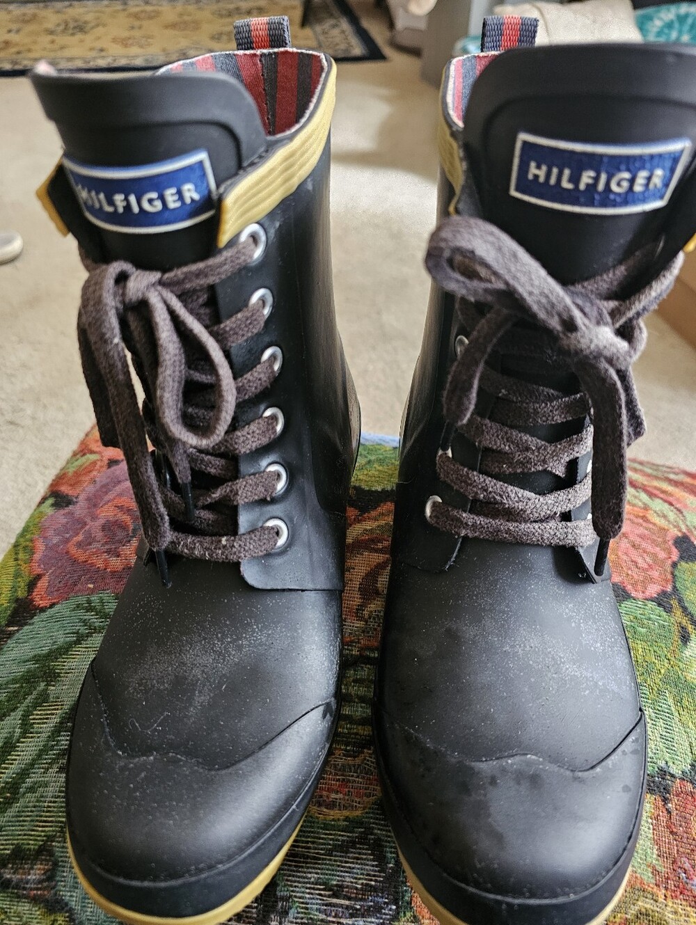 Tommy Hilfiger Womens Size 6 Black Lace Up Rain Boots Rubber Striped Lining